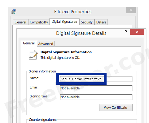 Screenshot of the Focus Home Interactive certificate